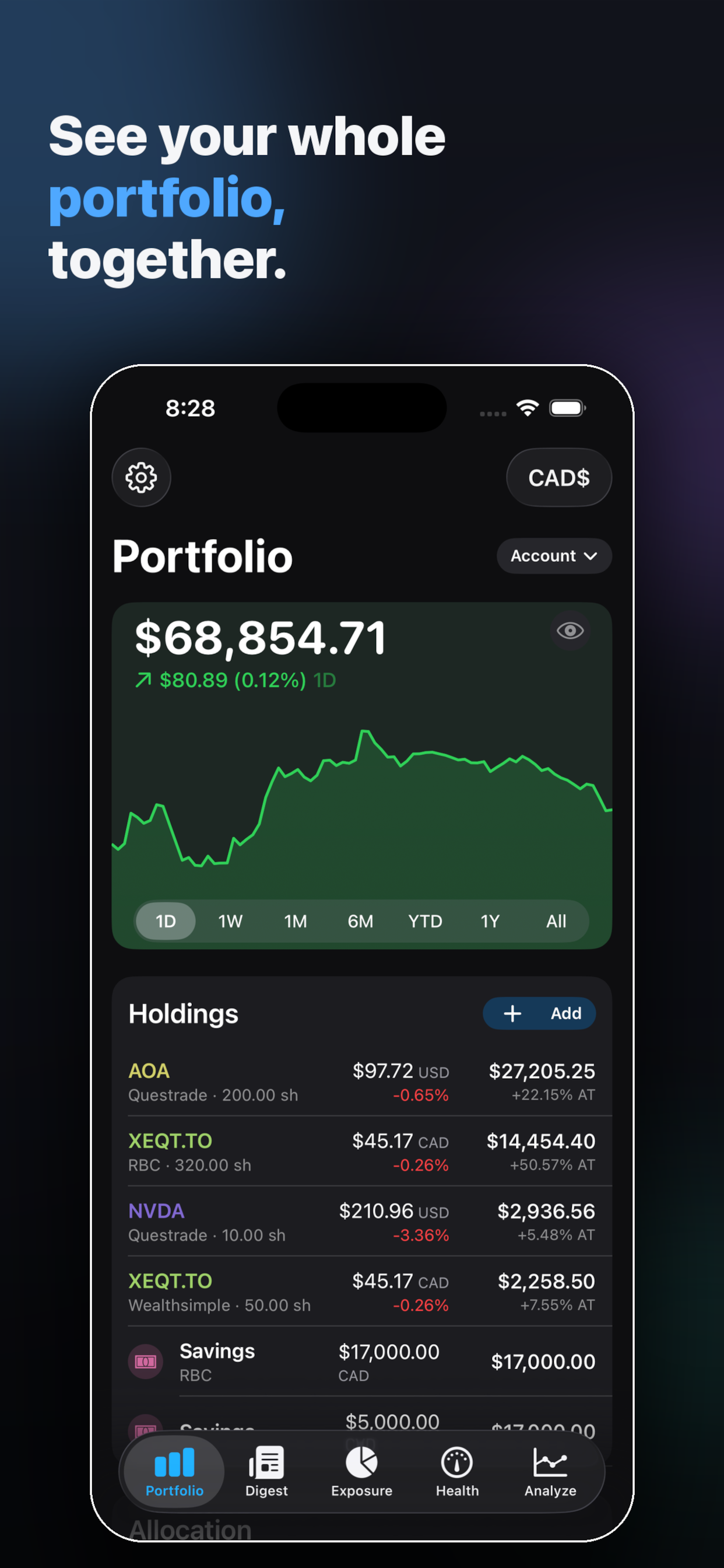 Portfolio tab โ combined total across accounts