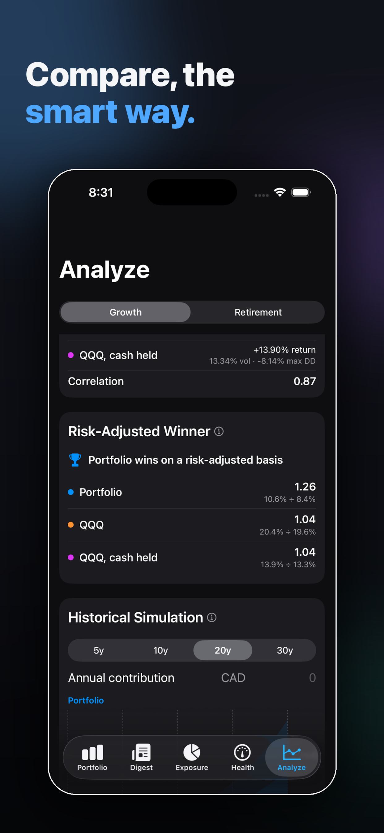 Analyze tab โ risk-adjusted comparison against a benchmark