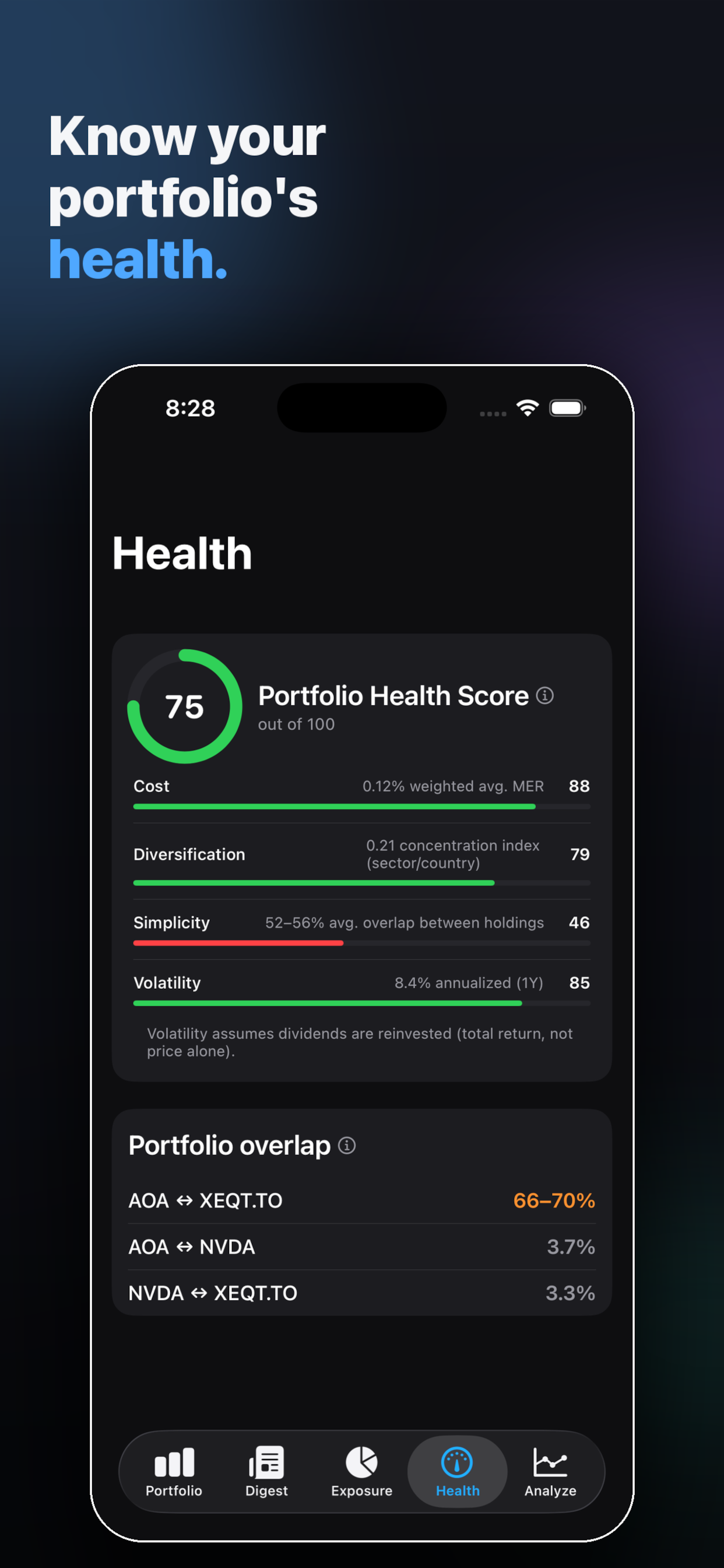 Health tab โ portfolio health score